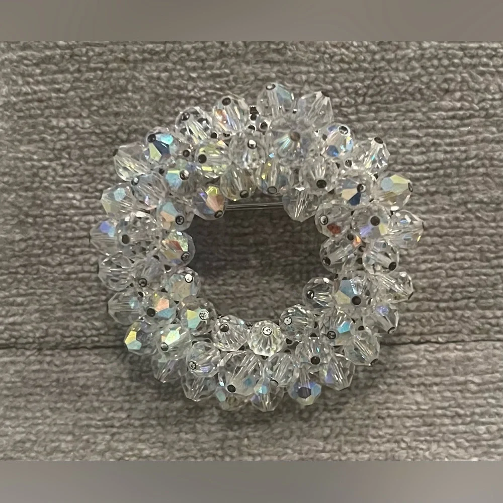Vintage Clear Round Aura Borealis Crystal Silver Brooch